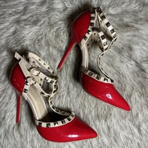 Wild Diva Lounge Vegan Leather Red Gold Toned Studded Heels Pointed Toe Size 6